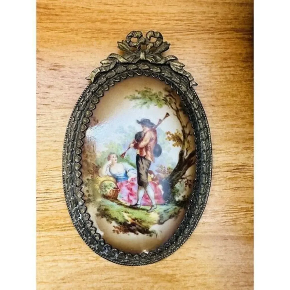 Vintage Porcelain Miniature Oval‎ Plaque Couple & Landscape Wall Art See Photos